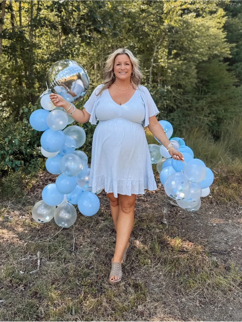 Light Blue Smocked Front Ruffle Hem Maternity Dress - Picture 5 of 6